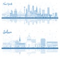 Outline New York USA and Salem Oregon City Skyline Set with Blue Buildings and Reflections Royalty Free Stock Photo