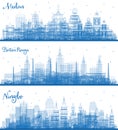 Outline Ningbo China, Medan Indonesia and Baton Rouge Louisiana City Skyline with Blue Buildings