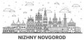 Outline Nizhny Novgorod Russia city skyline with modern and historic buildings isolated on white. Nizhny Novgorod cityscape with