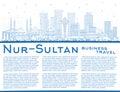 Outline Nur-Sultan Kazakhstan City Skyline with Blue Buildings and Copy Space Royalty Free Stock Photo