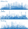 Outline Oklahoma City, Bandung Indonesia and India City Skylines Set with Blue Buildings