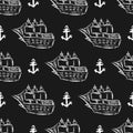 Outline of old sailing ship and anchor. Marine seamless pattern. Royalty Free Stock Photo