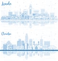Outline Omaha and Lincoln Nebraska City Skylines with Blue Buildings and Reflections
