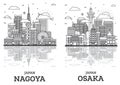 Outline Osaka and Nagoya Japan City Skyline Set with Modern Buildings and Reflections Isolated on White