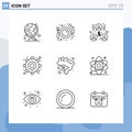 Outline Pack of 9 Universal Symbols of flag, settings, plate, gear, team work