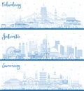 Outline Palembang, Jakarta and Semarang Indonesia City Skylines with Blue Buildings. Business Travel and Tourism Concept with