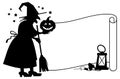 Outline paper scroll and silhouette of a witch with halloween pumpkin.