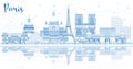 Outline Paris France City Skyline with Blue Buildings and Reflections Royalty Free Stock Photo