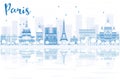 Outline Paris skyline with blue buildings and reflections. Royalty Free Stock Photo