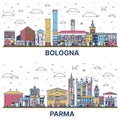 Outline Parma and Bologna Italy City Skyline Set with Colored Historic Buildings Isolated on White