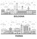 Outline Parma and Bologna Italy City Skyline Set with Historic Buildings Isolated on White