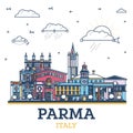 Outline Parma Italy City Skyline with Colored Historic Buildings Isolated on White. Parma Cityscape with Landmarks