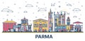 Outline Parma Italy City Skyline with Colored Historic Buildings Isolated on White. Vector Illustration