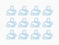 Outline person and horizontal analog clock, notifying each hour icons. Human and round clock with arrow vector icons collection