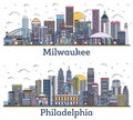 Outline Philadelphia Pennsylvania and Milwaukee Wisconsin City Skyline Set Royalty Free Stock Photo