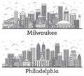 Outline Philadelphia Pennsylvania and Milwaukee Wisconsin City Skyline Set Royalty Free Stock Photo