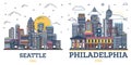 Outline Philadelphia Pennsylvania and Seattle Washington USA City Skyline Set Royalty Free Stock Photo