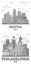 Outline Philadelphia Pennsylvania and Seattle Washington USA City Skyline Set Royalty Free Stock Photo