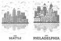 Outline Philadelphia Pennsylvania and Seattle Washington USA City Skyline Set Royalty Free Stock Photo