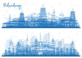 Outline Phnom Penh Cambodia and Palembang Indonesia City Skyline Set with Blue Buildings