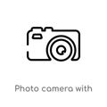 outline photo camera with flash vector icon. isolated black simple line element illustration from electronic stuff fill concept. Royalty Free Stock Photo