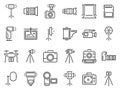 Outline photo icons. Photography studio light, film cameras and camera on tripod line icon vector set