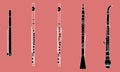 Outline piccolo, flute, alto flute, oboe and English horn. Contour of musical instruments.