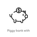 outline piggy bank with coin vector icon. isolated black simple line element illustration from commerce concept. editable vector