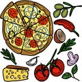 Outline pizza slices, whole pizza. Vector simple Doodle style Italy food, pizzeria, menu Royalty Free Stock Photo