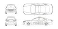 Outline police car blueprint. Front, side, back and side views. Patrol automobile drawing. Isolated image. City guard Royalty Free Stock Photo