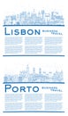 Outline Porto and Lisbon Portugal City Skyline Set