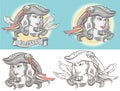 Outline portrait of a girl-pirate in different versions