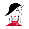 Outline portrait of stylish young girl. Stylized drawing of head or face of fashionable woman with red lips, hat