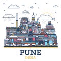 Outline Pune India City Skyline with Colored Historic Buildings Isolated on White. Pune Maharashtra Cityscape with Landmarks