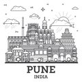 Outline Pune India City Skyline with Historic Buildings Isolated on White. Pune Maharashtra Cityscape with Landmarks