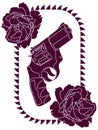 Outline purple revolver and two peony buds in thorned frame