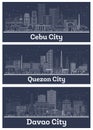 Outline Quezon, Davao and Cebu City Philippines City Skyline Set