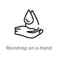outline raindrop on a hand vector icon. isolated black simple line element illustration from ecology concept. editable vector