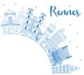 Outline Rennes France City Skyline with Blue Buildings and Copy