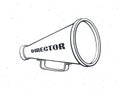 Outline of retro megaphone with word director. Vintage hand loud speaker. Voice audio information, film industry symbol