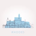 Outline Rhodes skyline with landmarks.