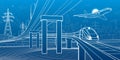 Outline road bridge. Car overpass. Train rides. Airplane fly. City Infrastructure and transport illustration. Urban scene. Vector