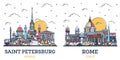 Outline Rome Italy and Saint Petersburg Russia City Skyline Set