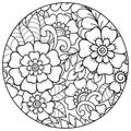 Outline round floral pattern for coloring the book page. Antistress coloring for adults and children. Doodle pattern in black and