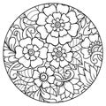 Outline round floral pattern for coloring the book page. Antistress coloring for adults and children. Doodle pattern in black and