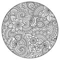 Outline round floral pattern for coloring book page. Antistress for adults and children. Doodle ornament in black and white. Hand