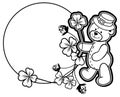 Outline round frame with shamrock contour and teddy bear. Raster