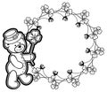 Outline round frame with shamrock contour and teddy bear. Raster