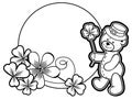 Outline round frame with shamrock contour and teddy bear. Raster