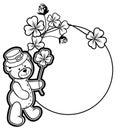 Outline round frame with shamrock contour and teddy bear. Raster